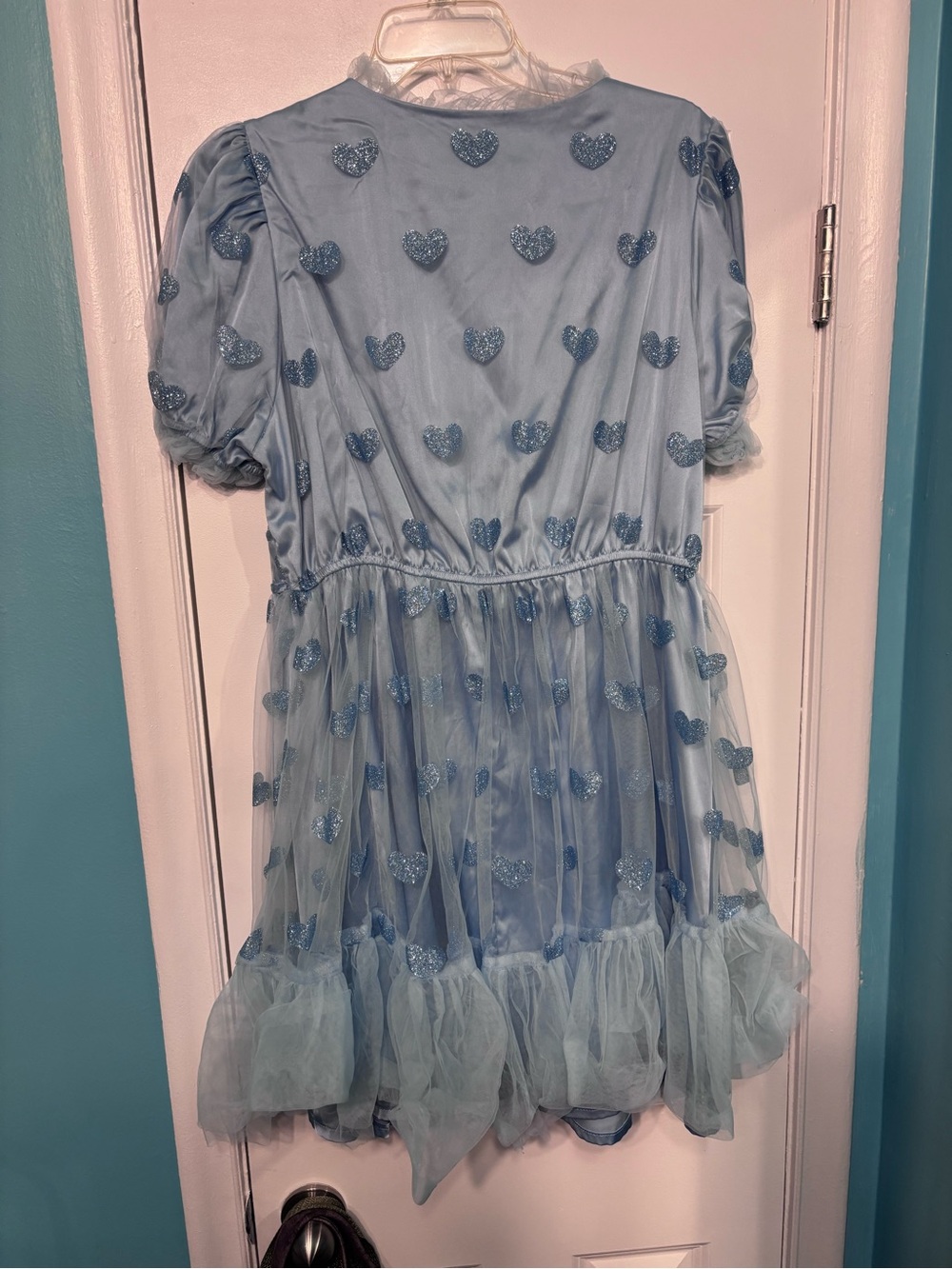 Cider Powder Blue Glitter Heart Mesh Mini Dress - Picture 3 of 4